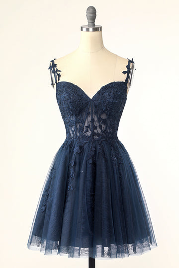 Navy Spaghetti Stropper Kort Homecoming Kjole med Appliques
